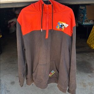 Red and Brown Hoodie with Cartoon Patch